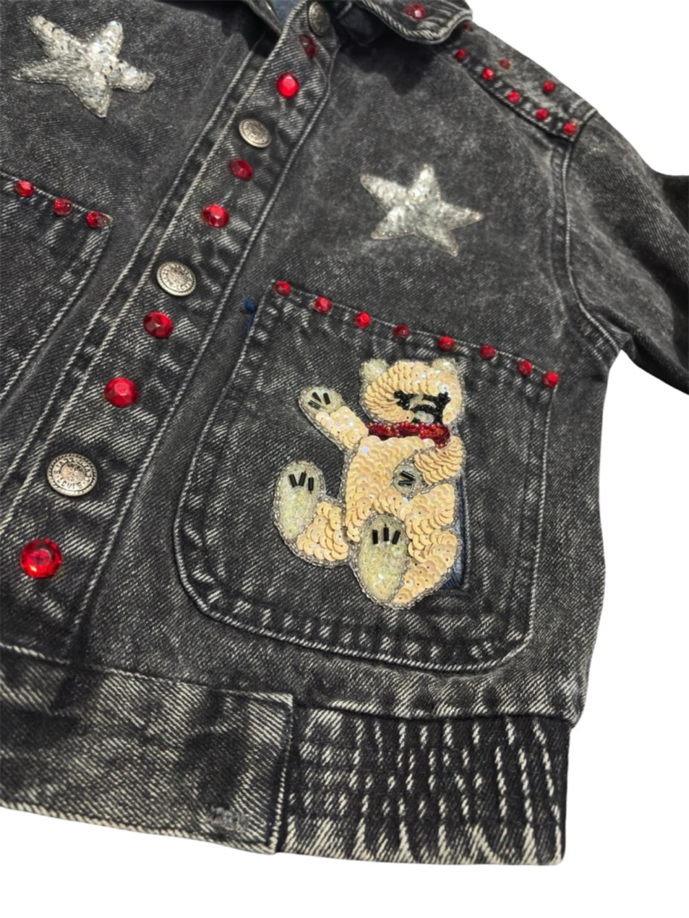VTG Levis Kids Denim Jacket 4T Black Acid Wash Sequin Teddy Bear Stars